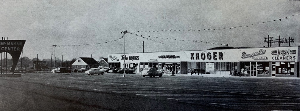 black and white photo of the first McMahan strip mall